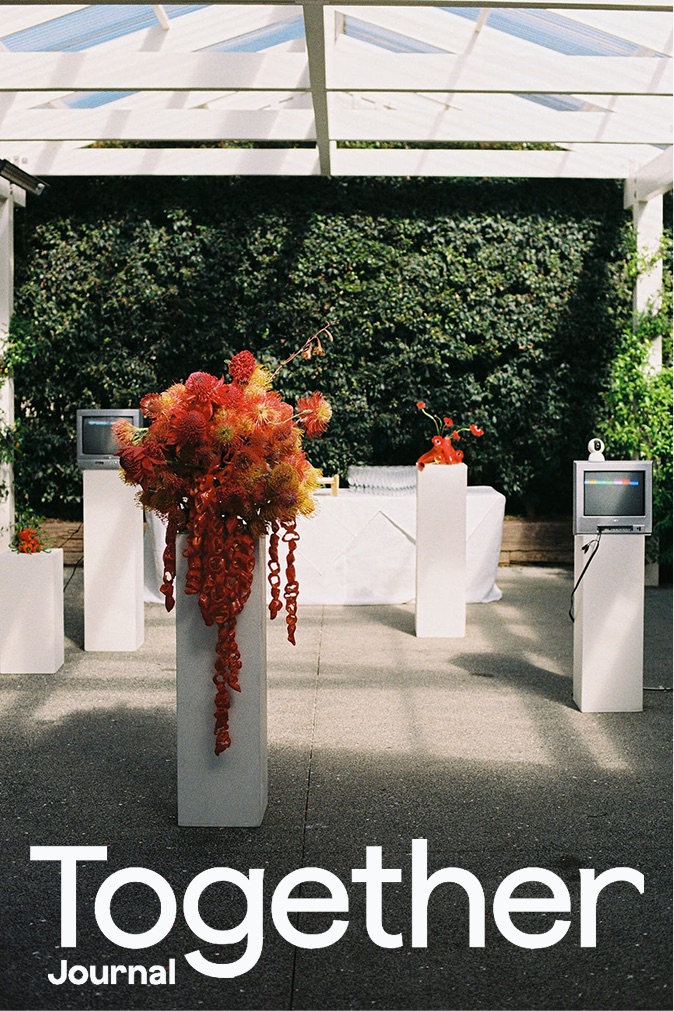 Together Journal cover: red pincushion protea on a plinth between vintage monitors
